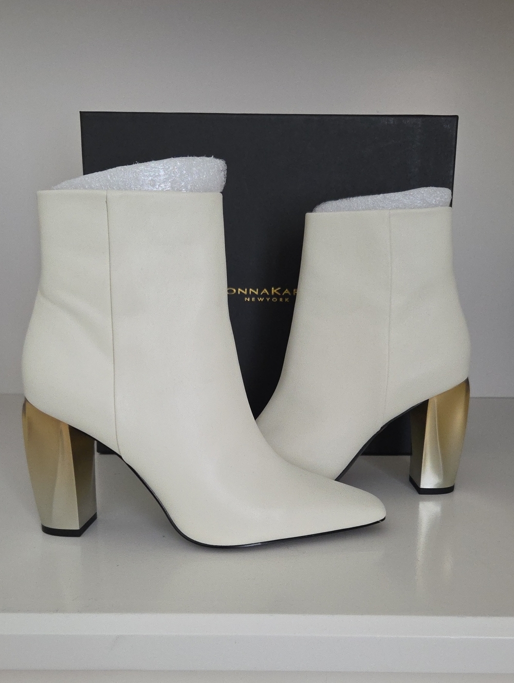 Donna Karan Cream Leather Ankle Boots with Gold Block Heels